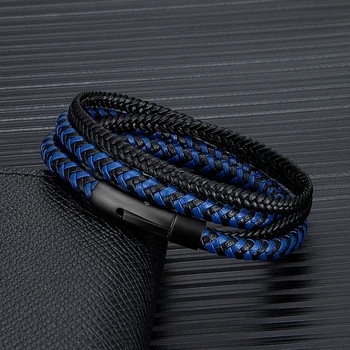 Double Layer Leather Bracelet Matte Black Stainless Steel