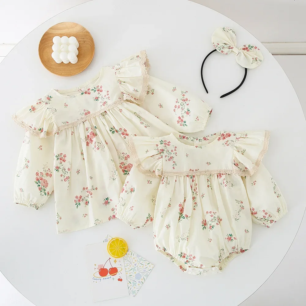 

Sisters Matching Outfits Baby Ruffle Romper Newborn Floral Long Sleeve Bodysuit Little Girl Flower One Piece Dress Twins Clothes