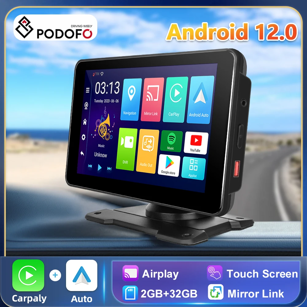 Podofo Carplay Monitor Android 12 2+32G Android Auto Screen WIFI GPS Portable Smart Player Support Rear Cam For Universal BMW