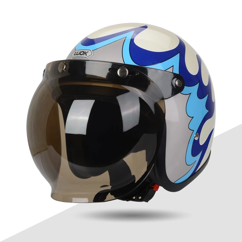 

KEAZ Blue Flame 3/4 Open Face Motorcycle Helmet With Vintage Graphics Motor Cruise Vespa Helmet With Bubble Visor ttco Style