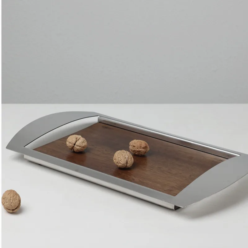 Modern Luxury Stainless Steel and Walnut Decorative Tray for Sample Room Living Room Home Decor 2