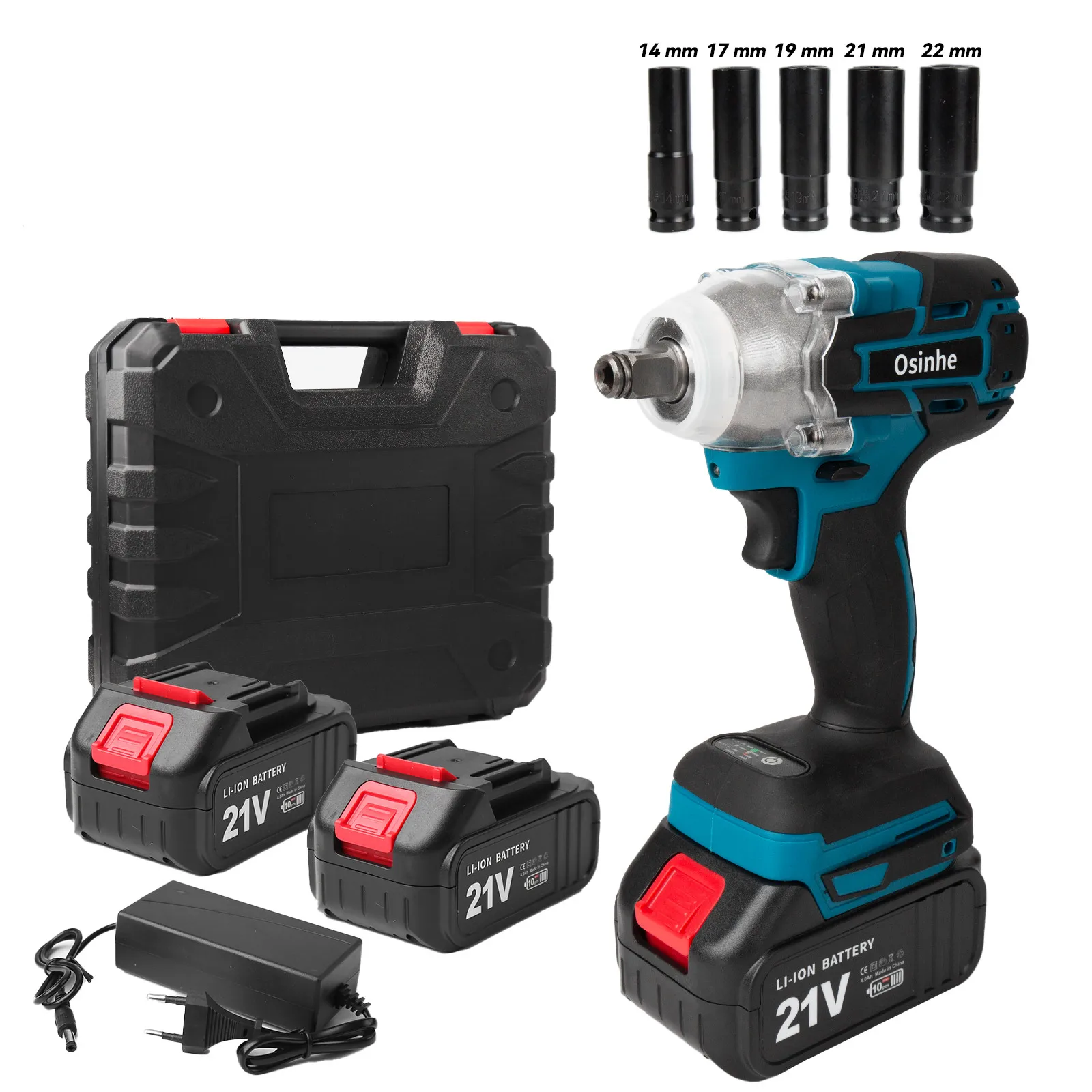 Complete kit including batteries, charger, sockets and wrench