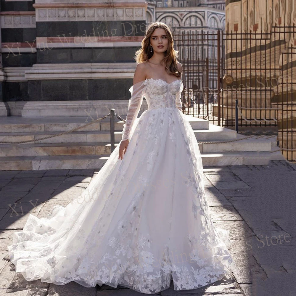 Boho Off The Shoulder Abiti Da Sposa Charming Sweetheart A Line Lace 3D Flowers Abiti Da Sposa Princess Custom Made Lunghezza Del Pavimento