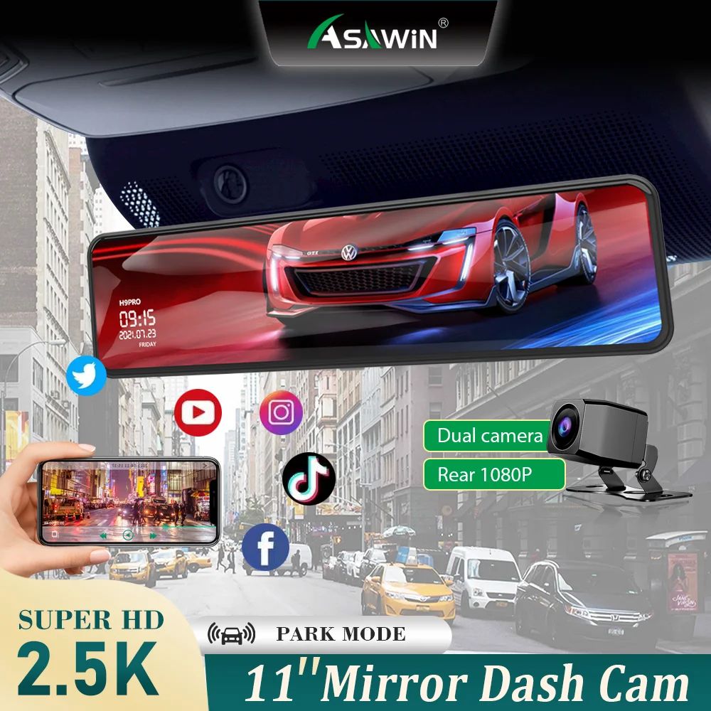 

Asawin H9PRO UHD 2K WIFI Rear View Mirror Dash Cam For Car Camera Dual Lens Front and Rear 11 Inch IPS Touch Screen Night Vision