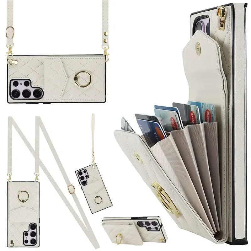 Lanyard Leather Wallet Card Phone Case with Ring Flip Cover