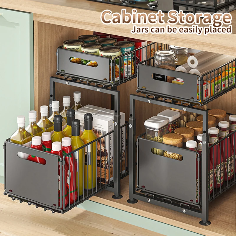Adjustable Height Household Cabinet Basket, Double Drawers, Sliding Sink Storage Rack, Space Saving Kitchen Storage Rack 2