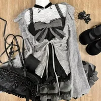 Sweet Lolita Early Autumn Three Piece Set Lace up Ruffles Cardigan Sexy Slim Fit Strapless Vest Tops High Waist Ruched Skirts - Image 2