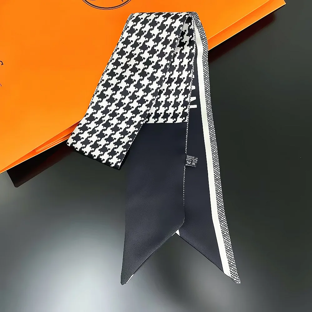Black and White Checkerboard Women's Accessories Long Small Scarf Gray Silk Scarf Tied Princess Diana Bag Ribbon Wholesale