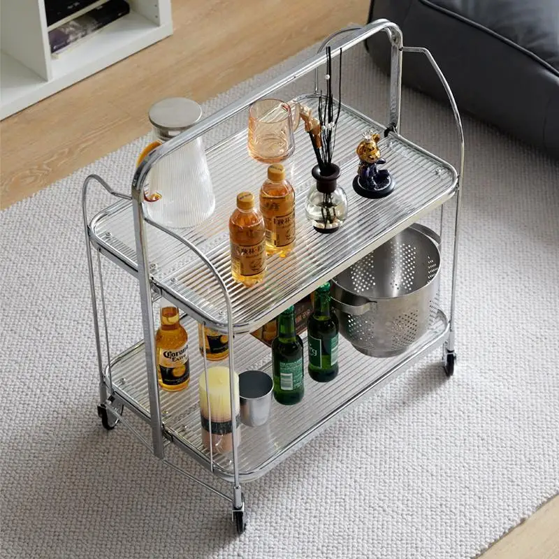 Medieval Style Cart Movable Folding Cart Wine Transparent Glass Storage Trolley Wheel Kitchen Sofa Side Table