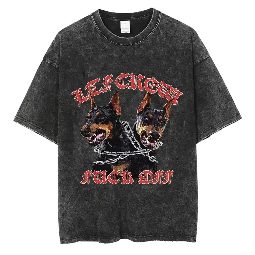 Rottweiler Doberman 남성용 레트로 그래픽 티셔츠, 빈티지 워싱 반팔 티셔츠, 힙합 오버사이즈 티셔츠, 스트리트웨어