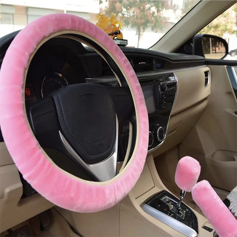 Soft Plush Car Steering Wheel Cover Gearshift Handbrake Cover Protector Decoration Warm Super Thick Plush Collar Soft Black 3Pcs