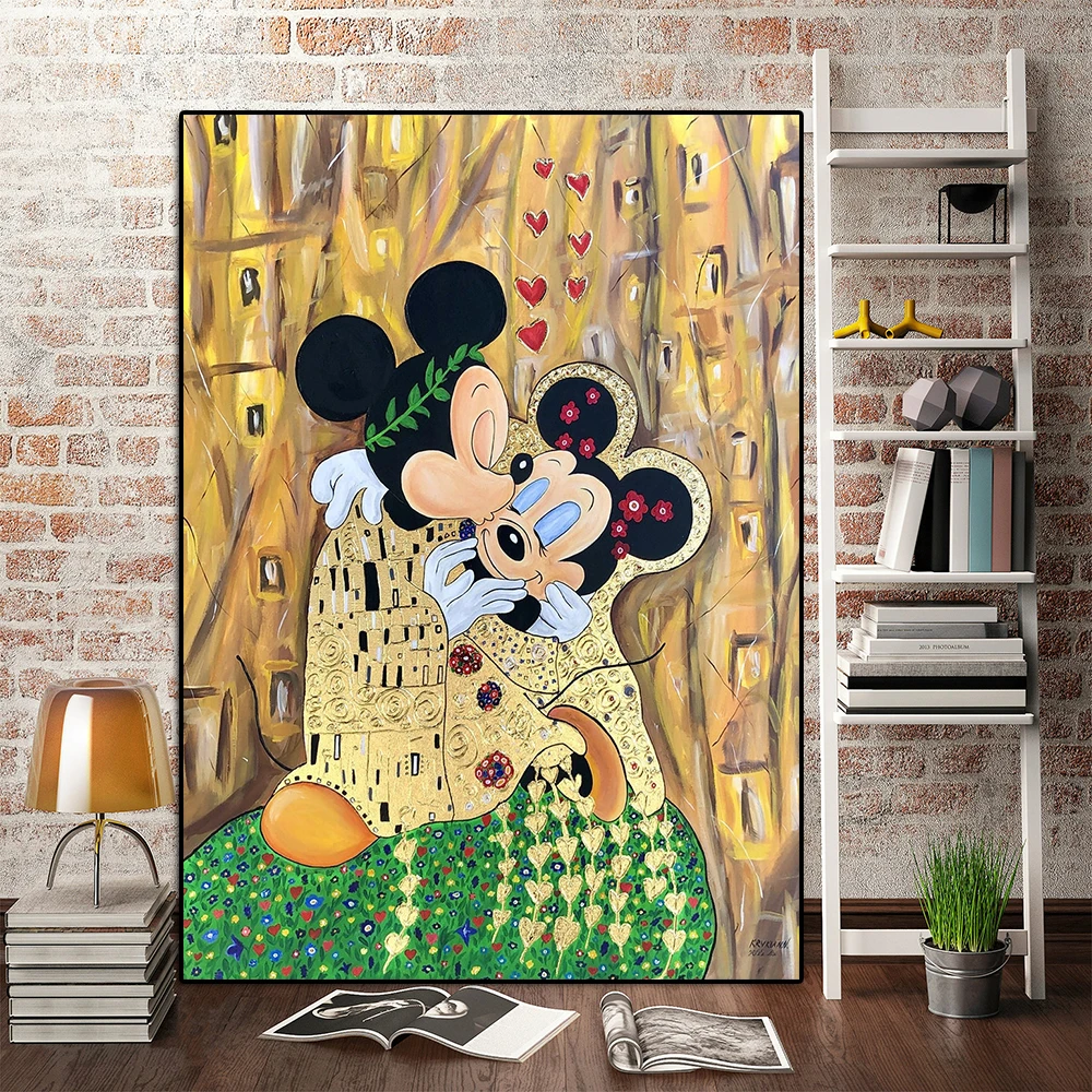 

Disney Mickey Kiss Minnie Mouse Cartoon Poster Classic KLIMT Golden Love Canvas Painting Nursery Wall Art Kids Room Home Decor