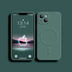 Luxury Magnetic Liquid Silicone Soft Phone Case with Wireless Charging Compatibility - iPhone 13 Mini (Dark Green)