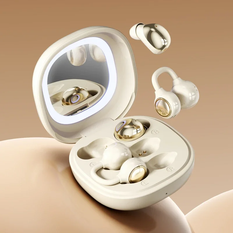 Noise Cancelling Wireless Bluetooth Ear Clip Earbuds with Makeup Mirror Charging Case - Sport Edition