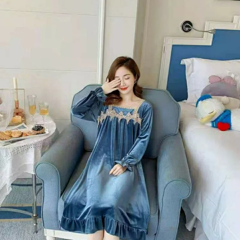 Pajamas female Long sleeve Spring and Autumn Cute online celebrity. Canary velvet loose loungewear palace style nightdress