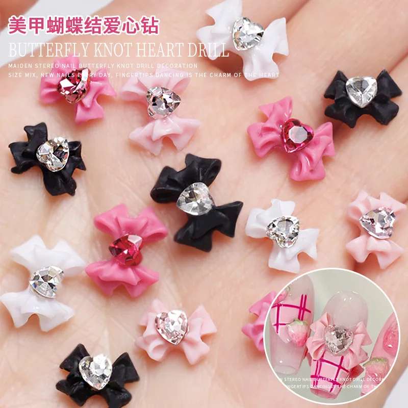 

Ribbon Resin Bow Nail Charms With Heart 3D Rhinestone Nail Art Decoration Accessories Flatback DIY Jewelry Manicure Parts *Bulke