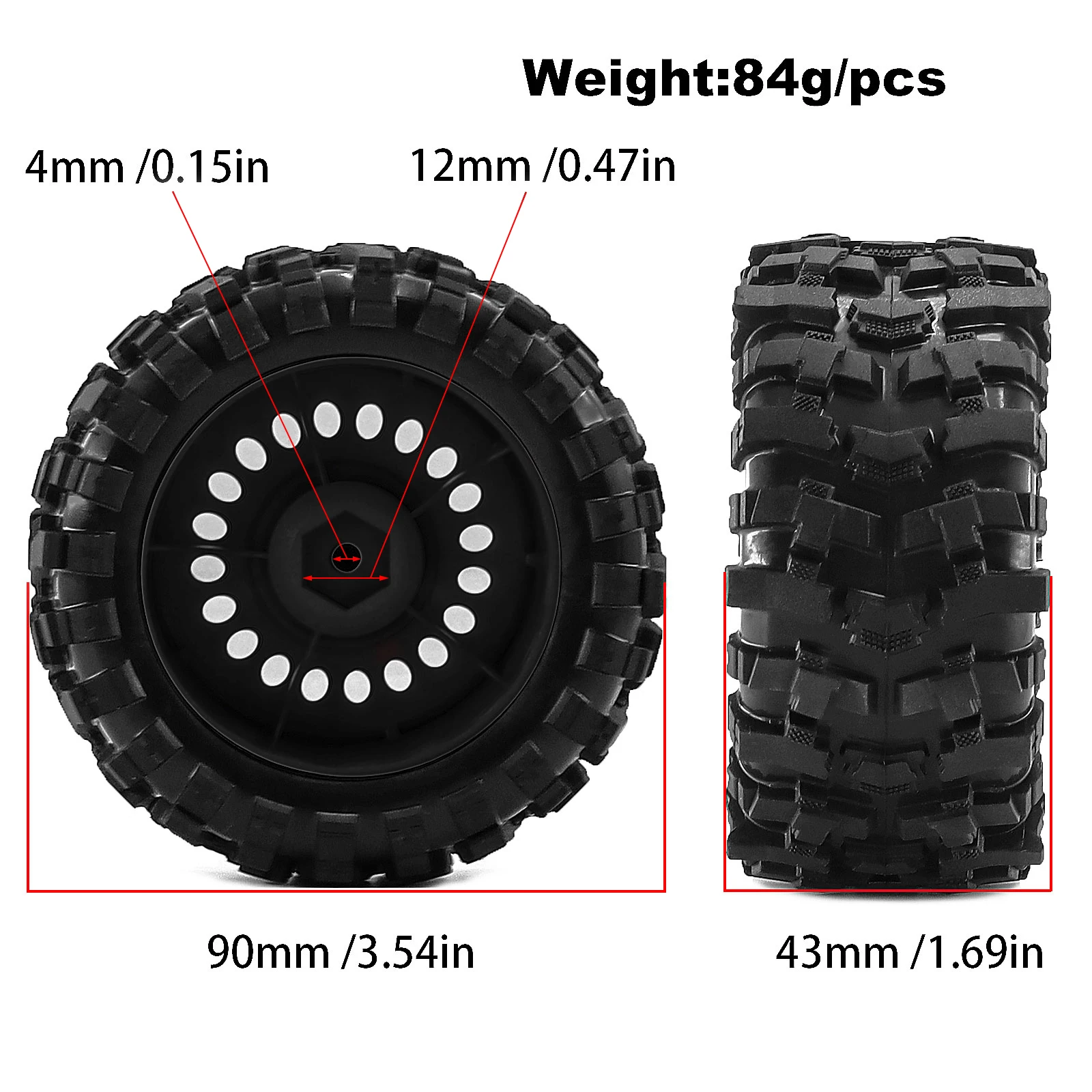 Vue de côté des pneus de voiture RC 90x43mm, compatibles ARRMA Mini Kraton 3S