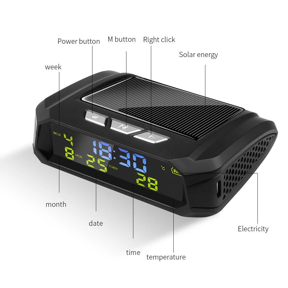 USB 태양열 충전 스마트 디지털 자동차 시계, 달력 시간 온도 LED 디스플레이, 자동차 인테리어 액세서리, 자동 시동