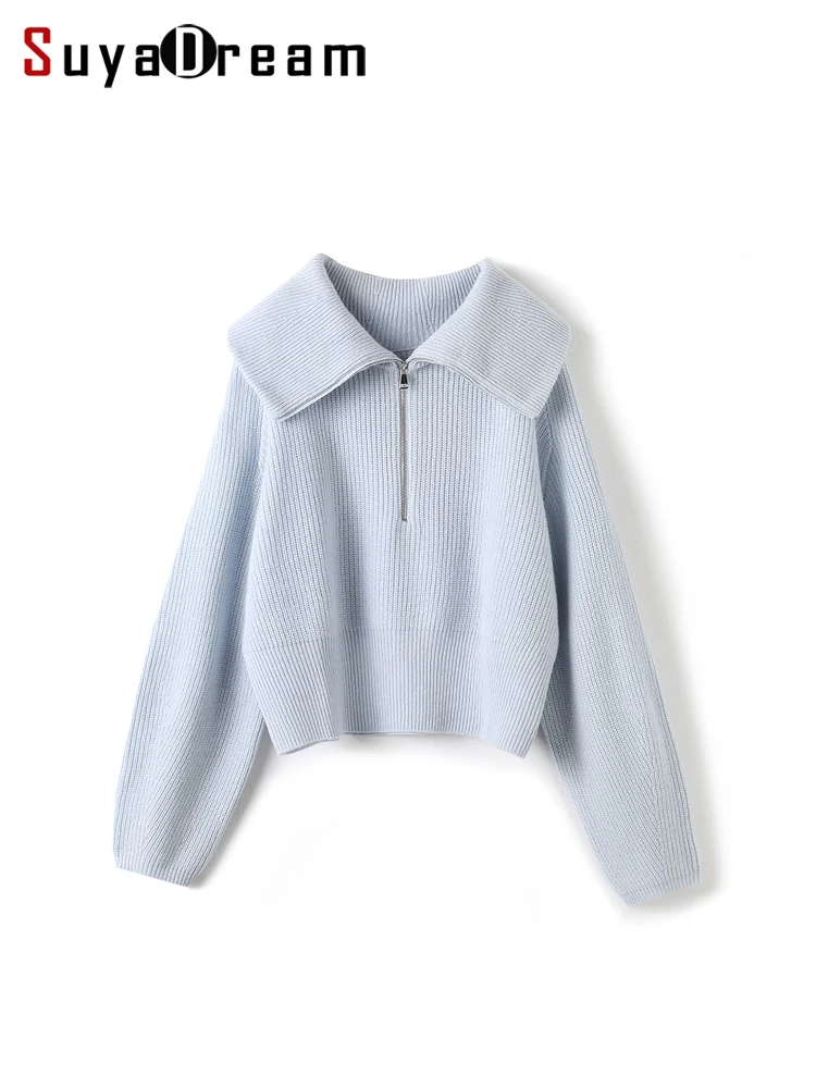 

SuyaDream, Woman Polo Neck Pullovers, 100%Sheep Wool, Heavy Chic Sweaters, 2023 Fall Winter Warm Crop Top, White, Grey