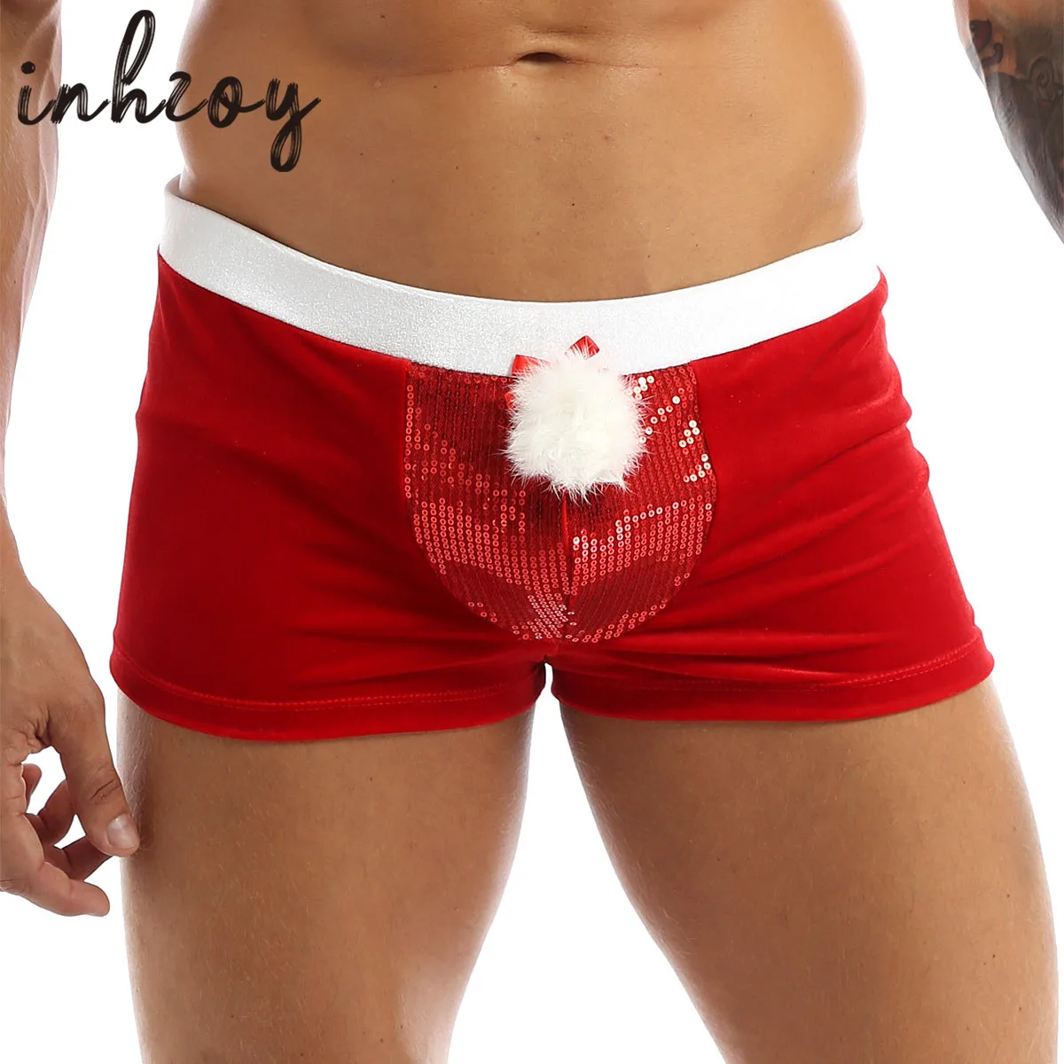 

Men Christmas Santa Claus Boxer Shorts Lingerie Velvet Xmas Holiday Sleep Trunks Cosplay Pajama Lingerie Underwear Underpants