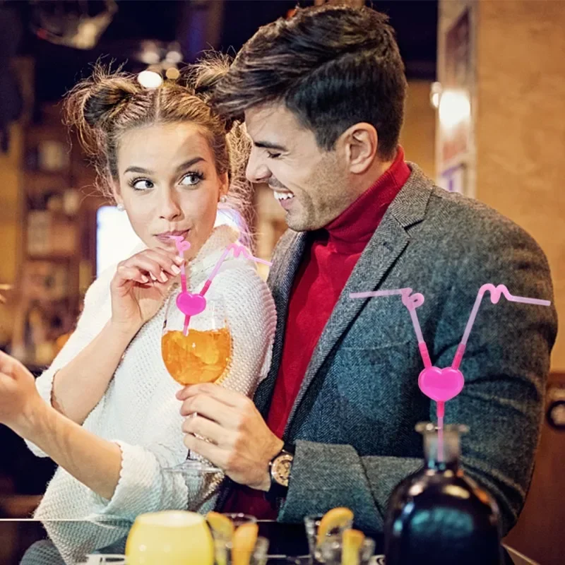 1/10PCS Love Straws Heart Couple Straw Flexible Plastic Diy Pink Drink Cocktail Pipette Bar Party Parent-Child Game Supplies