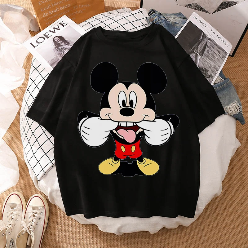 Woman Summer New 2022 Hot Cartoon Disney Mickey And Friends Minnie Mouse Leopard Bow Portrait T-Shirt Short Sleeve Teen Tops chrome hearts t shirt