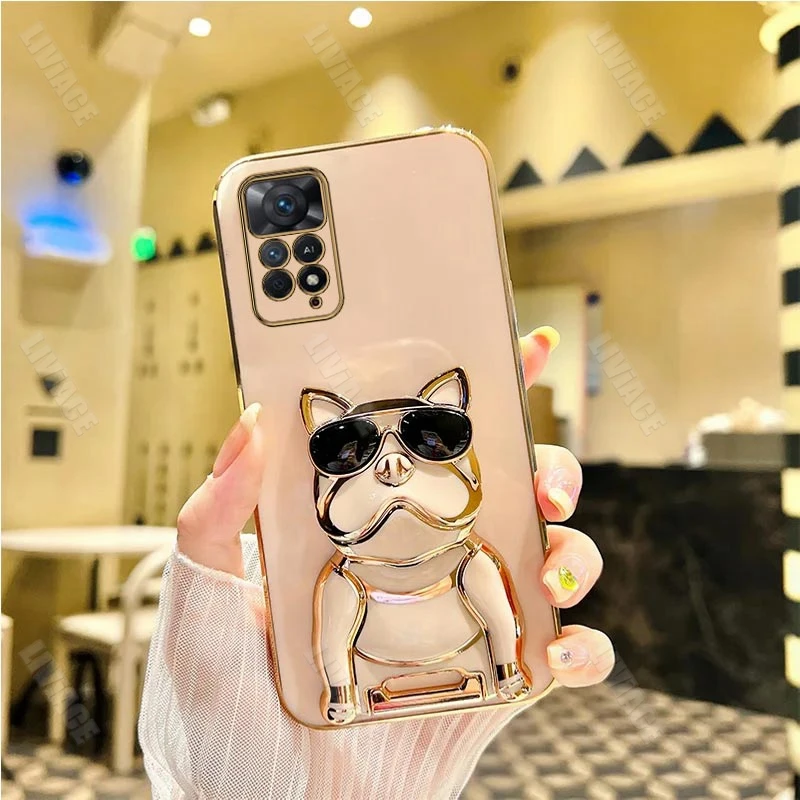 Étui de support de placage de bouledogue pour lunettes de soleil, pour Xiaomi Redmi Note 11 8 9 Pro Max 10 12 10s 11s 9A 9T 9C Nfc 4G 5G_voghion.com
