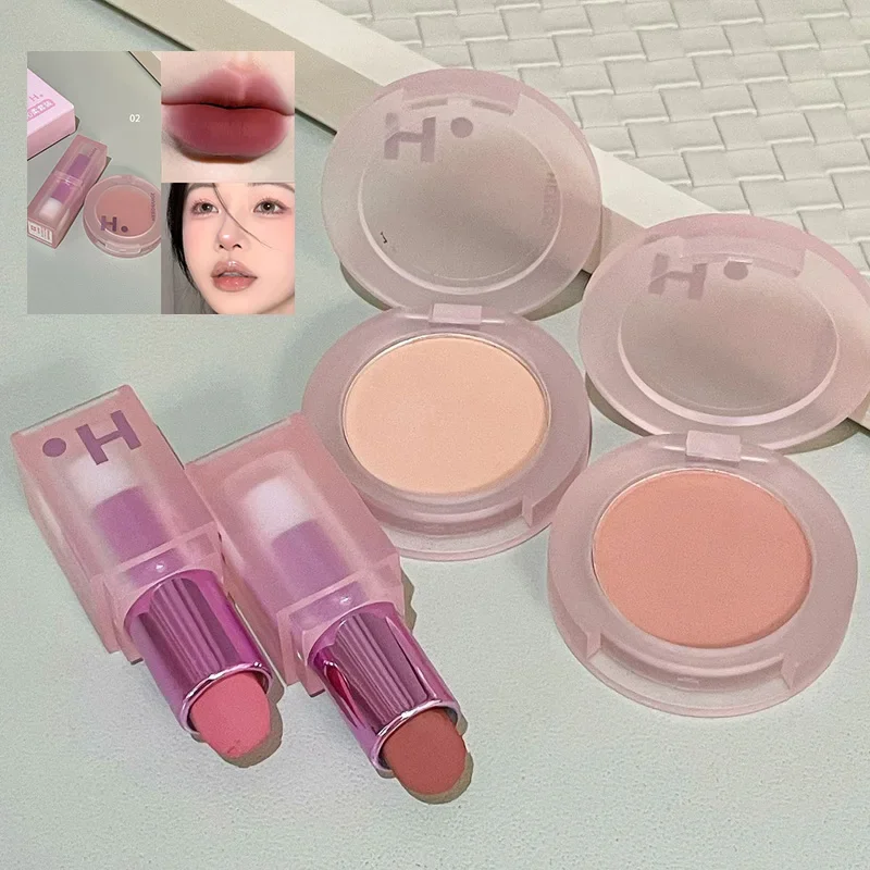 Monochrome Face Blush Pallete & Velvet Matte Lipstick Set Mineral Pigment Cheek Blusher Powder Lasting Makeup Contour Shadow