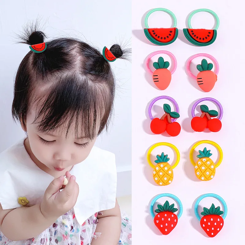 Children Colorful 10pcs Rubber Band Set Cartoon Flower Fruit Hair Scrunchies Princess Cute Ponytail Holder Baby Small Head Rope