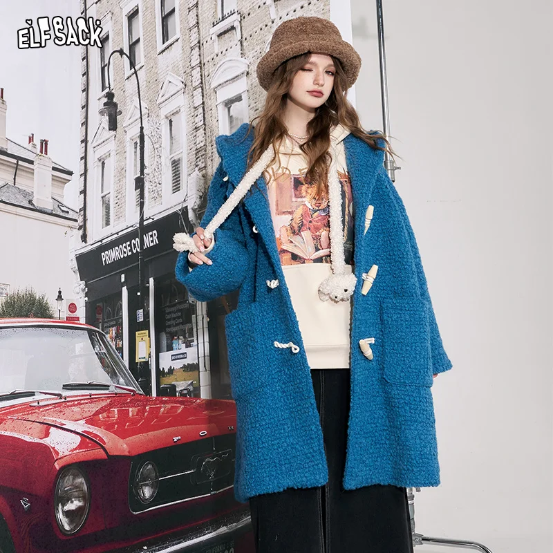 

ELFSACK Y2K 2000s Korean Fashion Wool Coats Women 2023 Winter New Plus Size Mid-length Outwears