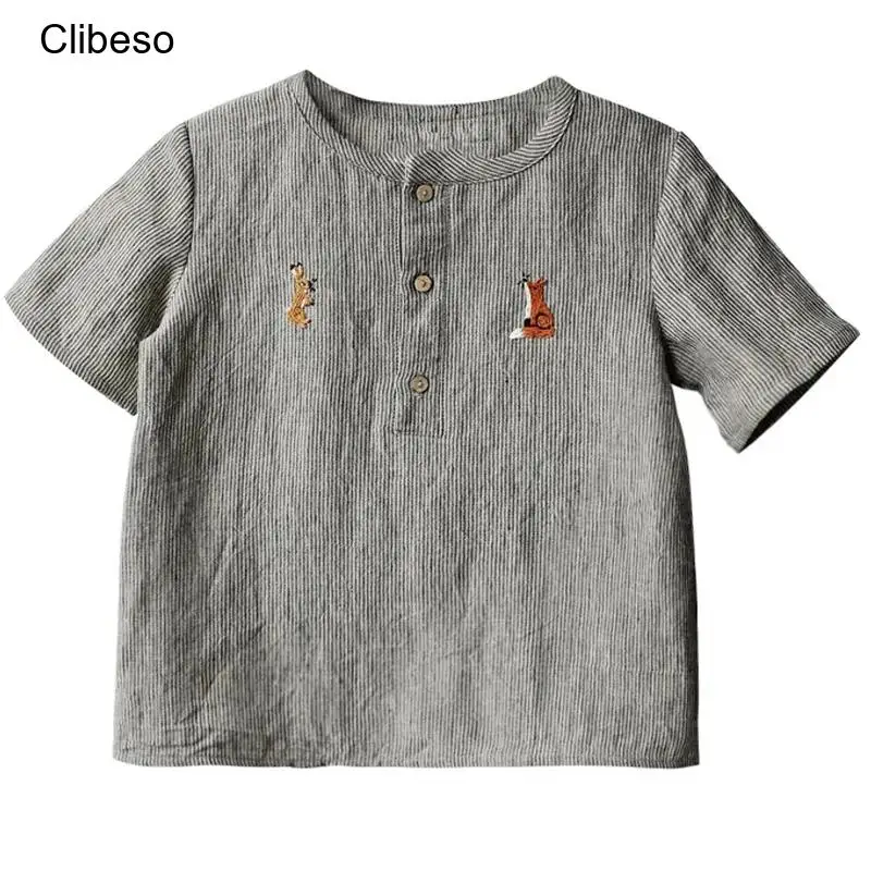 Clibeso Summer New Children's Loose Cotton Linen Top Boys' Solid Color Shirt Long Sleeve Embroidered Animals Kids Clothes
