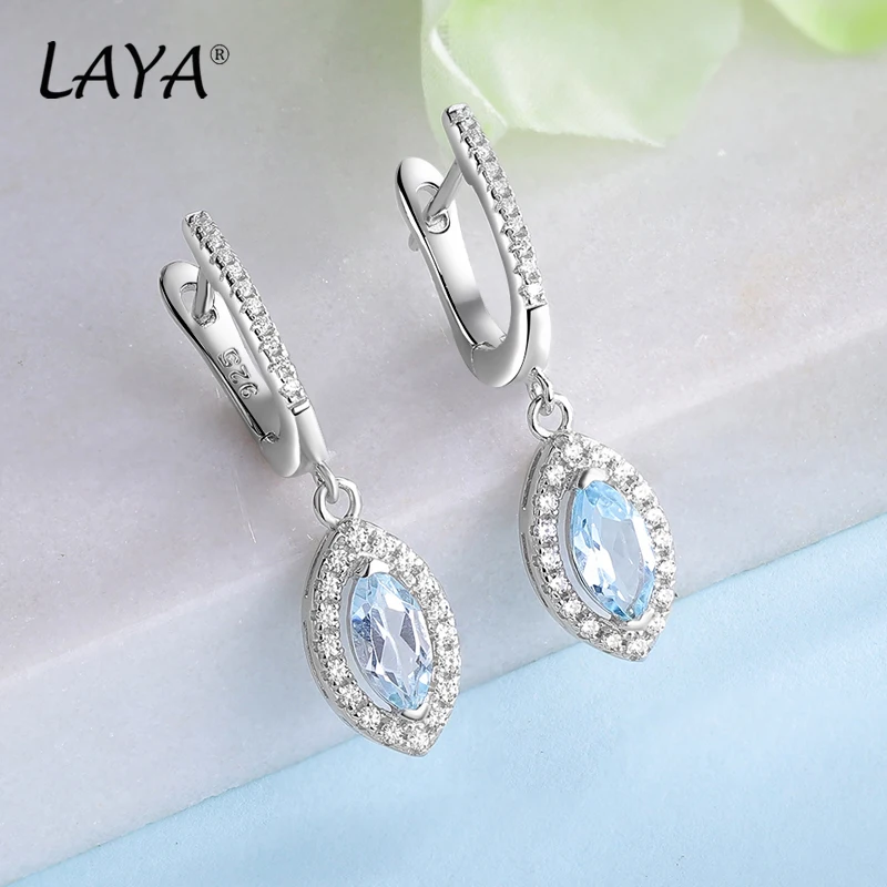 

LAYA 100% 925 Sterling Silver Marquise Brilliant Cut Gemstone Natural Sky Blue Topaz Earrings For Women Wedding Fine Jewelry