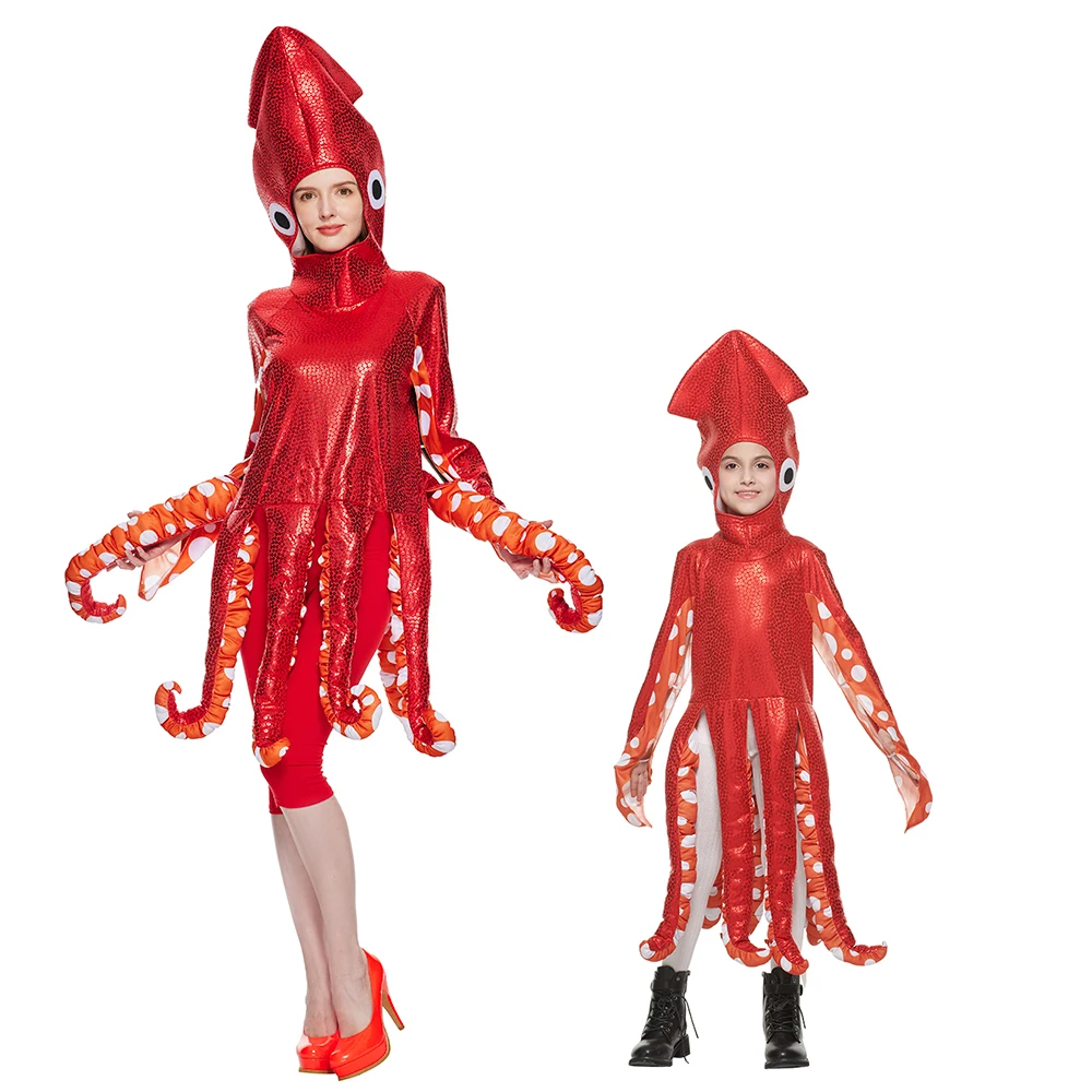 Funny Family Squid Costume Red Octopus Sponge Jumpsuits For Parent And Child Halloween Animal Costumes Carnival Fancy Dress