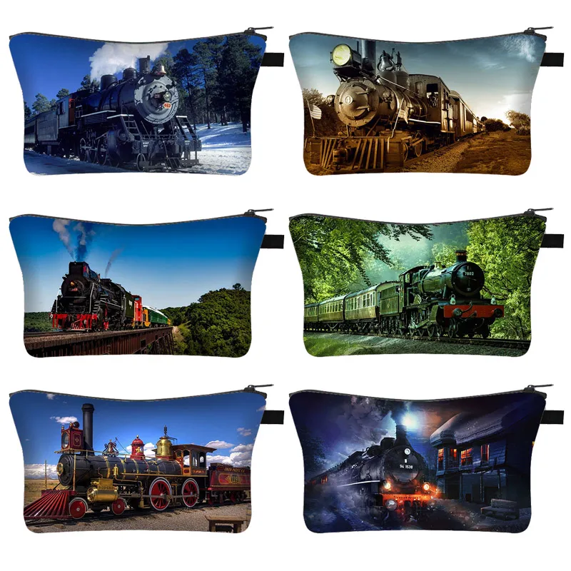 Steam Locomotive / Vintage Train Print Cosmetic Bags Women Makeup Bags Ladies Cosmetic Cases For Travel Storage Bags fashion letter print women cosmetic bags makeup cases travel organizer washing toiletries pouch ladies clutch student pencil bag