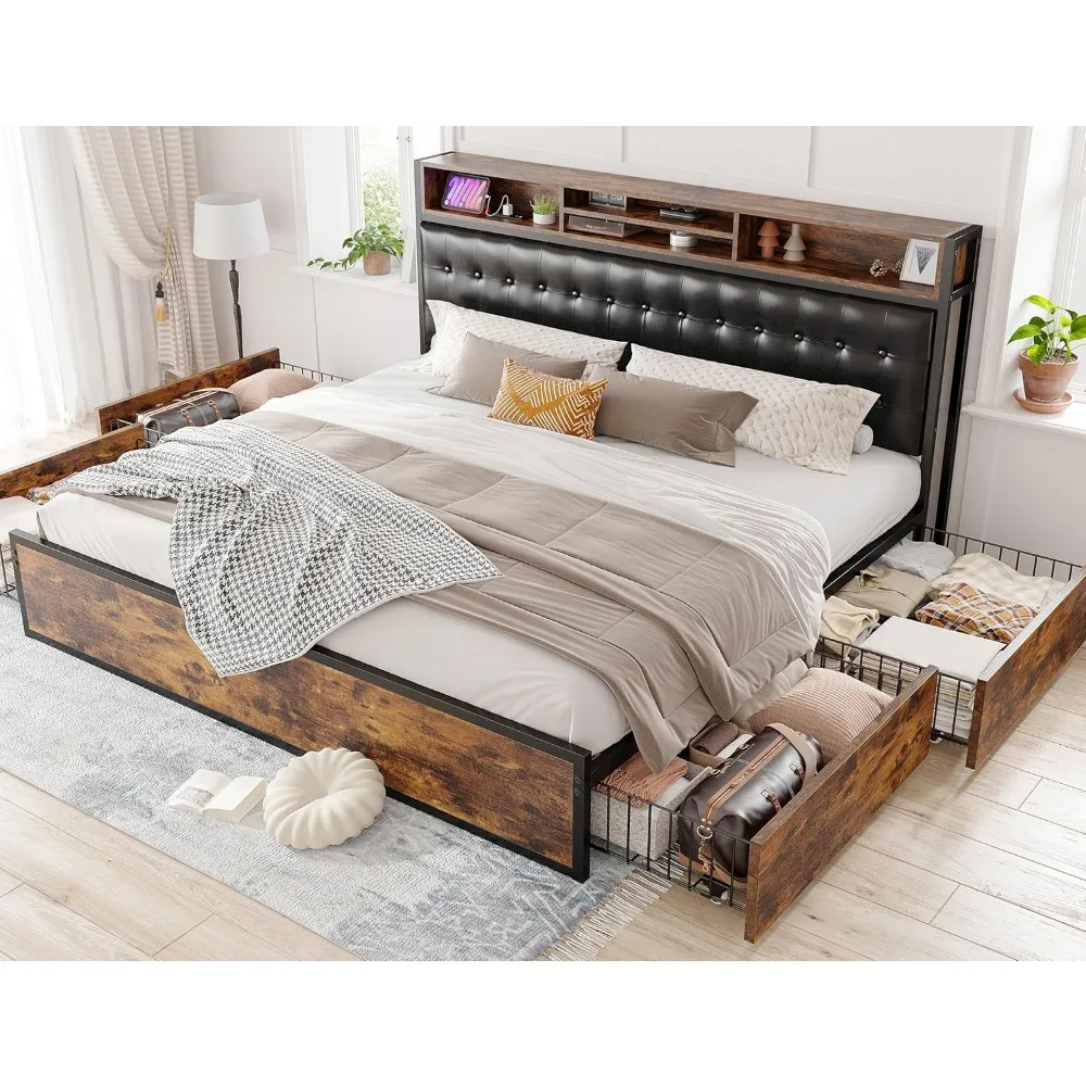 King Size Bed Frame with 4 Storage Drawers Kings Beds Frames and Headboard Upholstered Charging Station, King Bed Frame 6