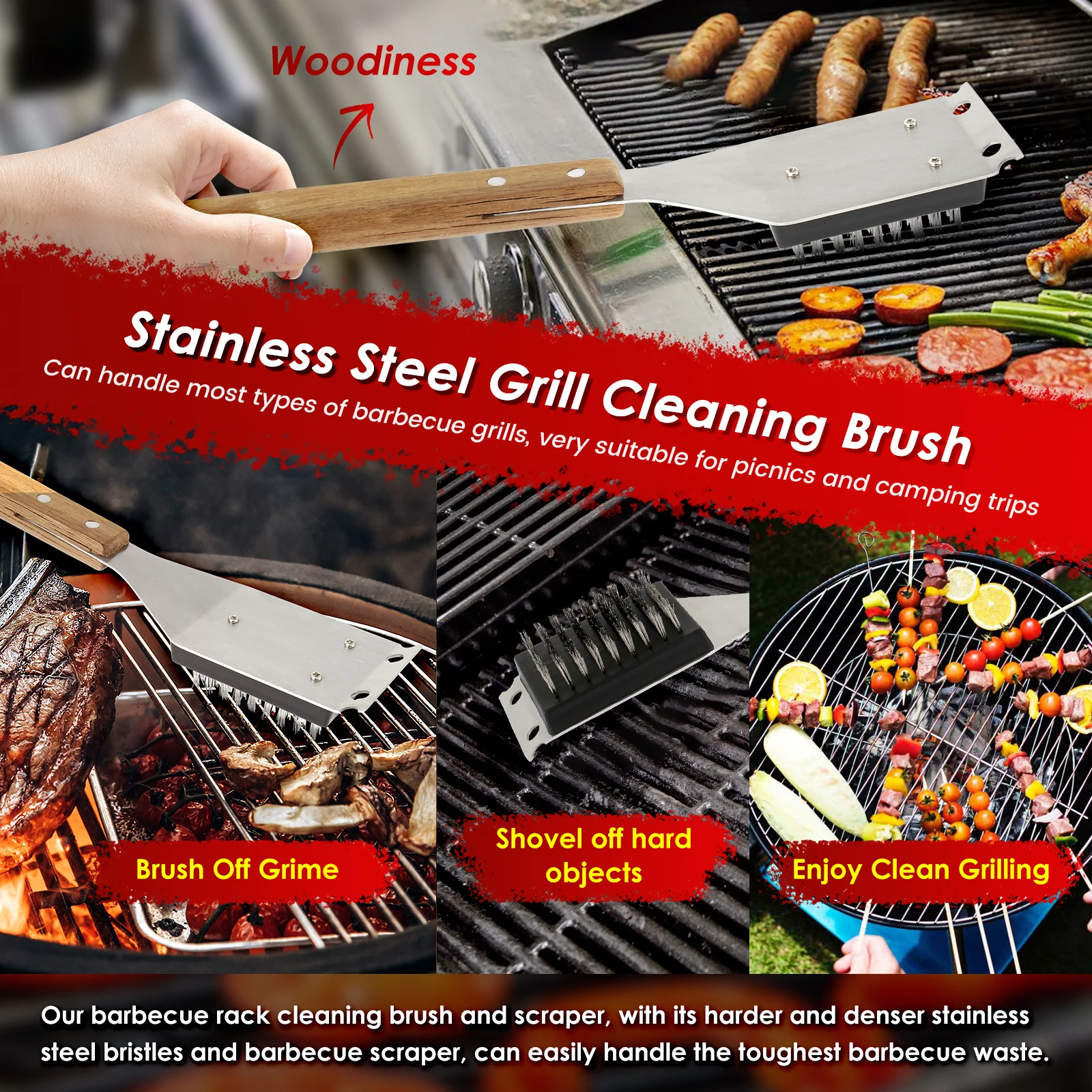2Pcs Barbecue Brush 15 Inch BBQ Brush Kit Outdoor Effective Grill Cleaning with Wood Handle and Scraper for Grill Cleaning
