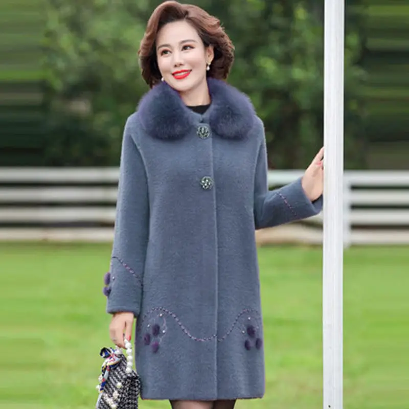 

New Fall/Winter 2023 Cashmere Jacket for Middle-aged Women Thick Cardigan Mid Long Coats Knitted Wool Tops for Mother V31