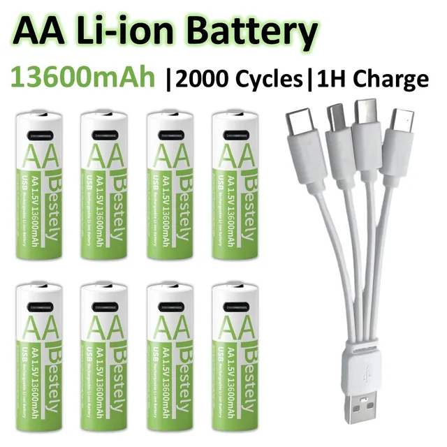 Batterie AA 1,5 V 13600 mAh USB-C rechargeable, batterie au lithium à charge rapide avec câble gratuit, plus de 2000 cycles pour appareils photo, jouets, souris 1