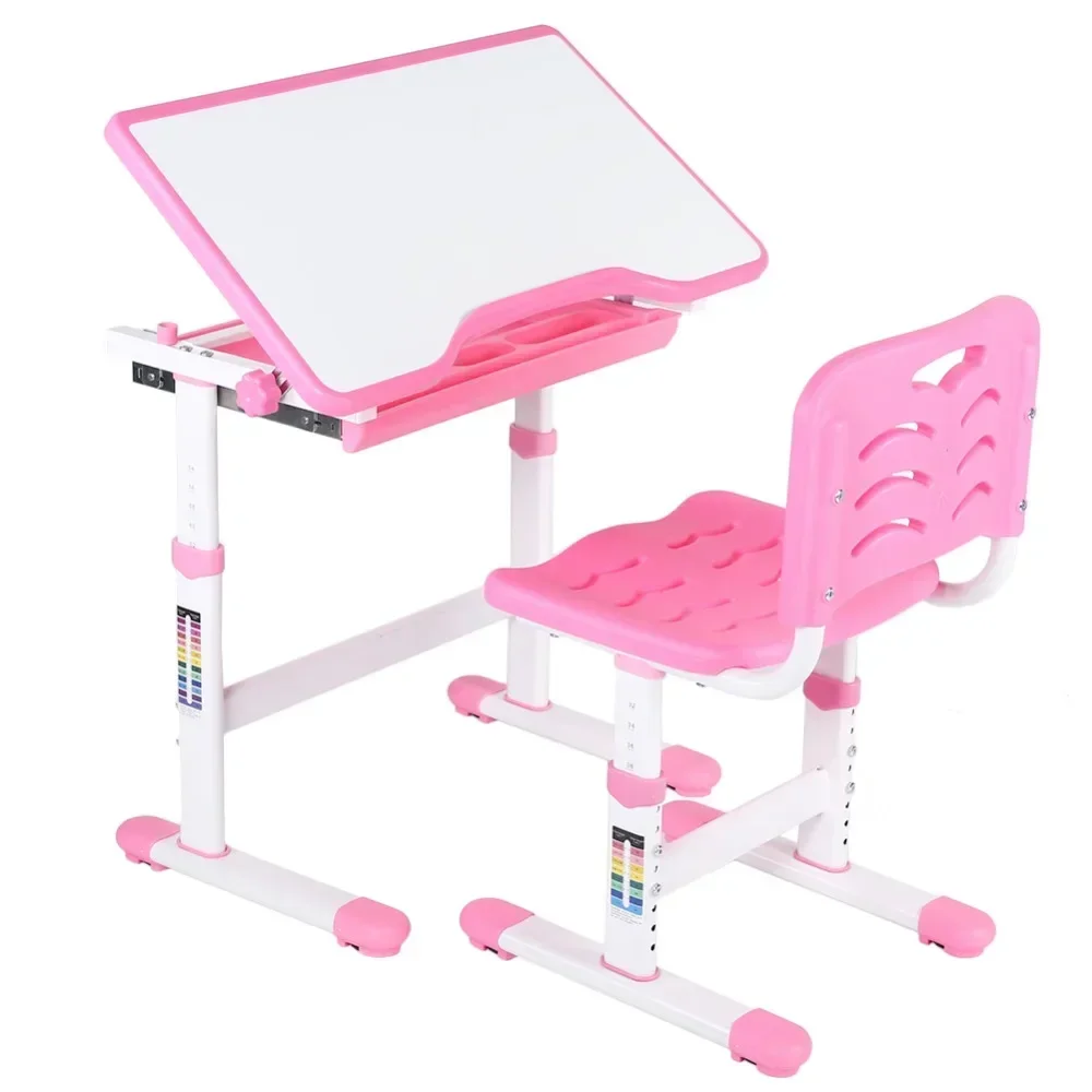 Table Set, Adjustable Pull Out Drawer Kids Study Homework Desk Chair Children Activity Art Table Set(Pink), Set Kids