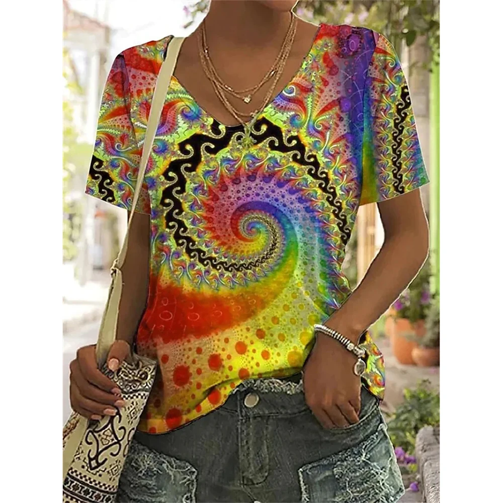 Summer New Women T Shirt 3d Flower Print V-neck Short Sleeve