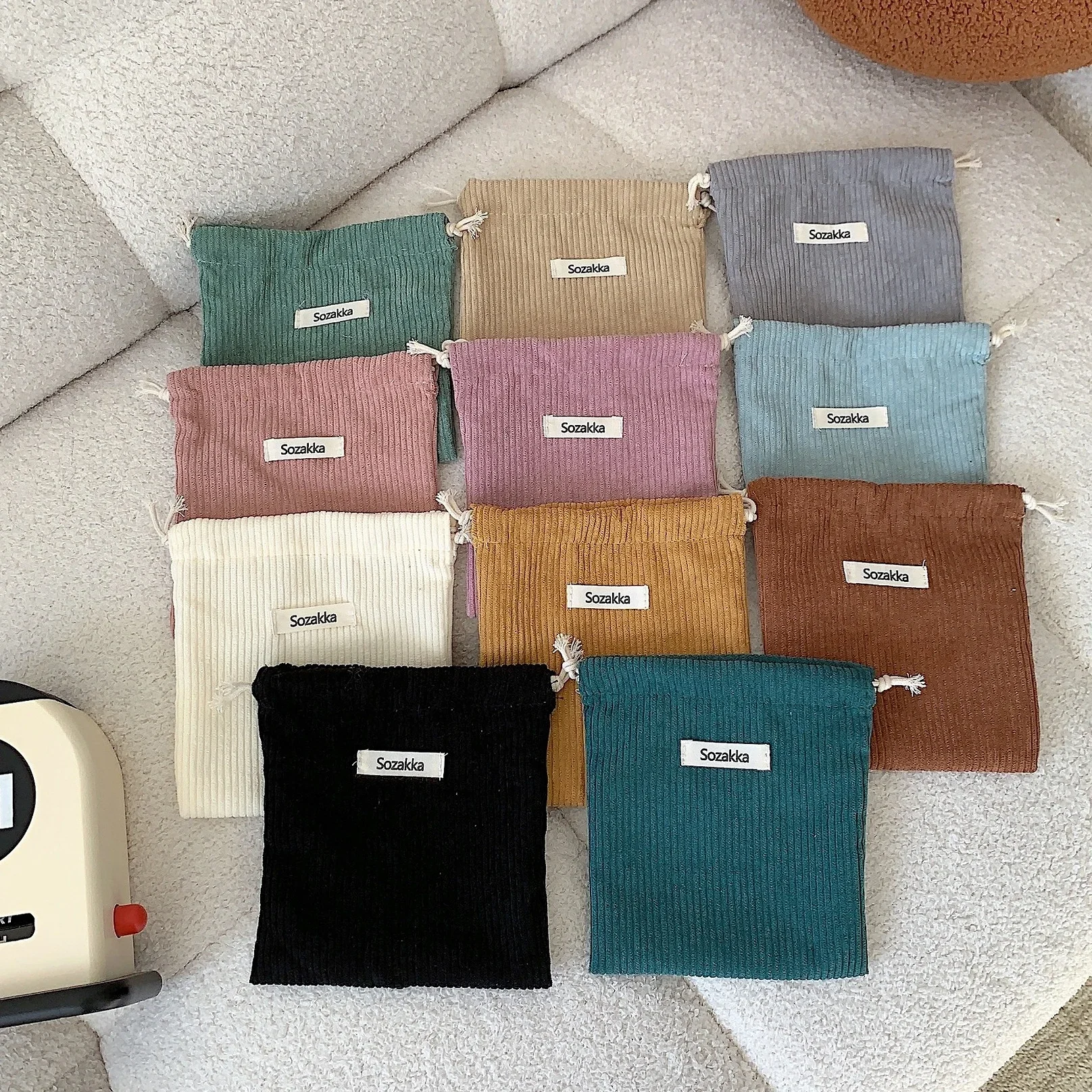 Cosmetic Storage Bag Solid Color Corduroy Drawstring 1pc