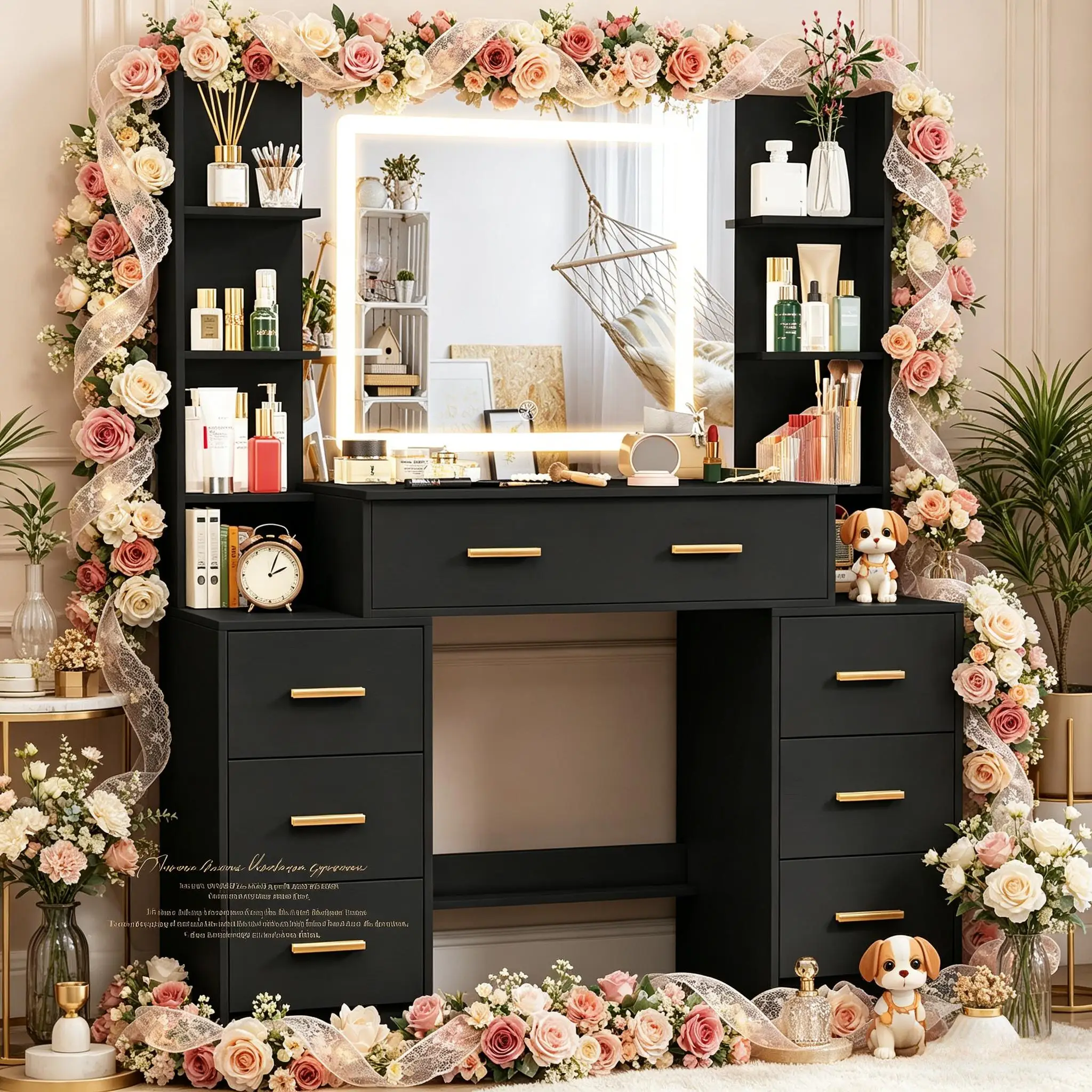 Black Modern Vanity Set, Touch Control LED Mirror, 7 Drawers 7 Open Compartments Bedroom Furniture
