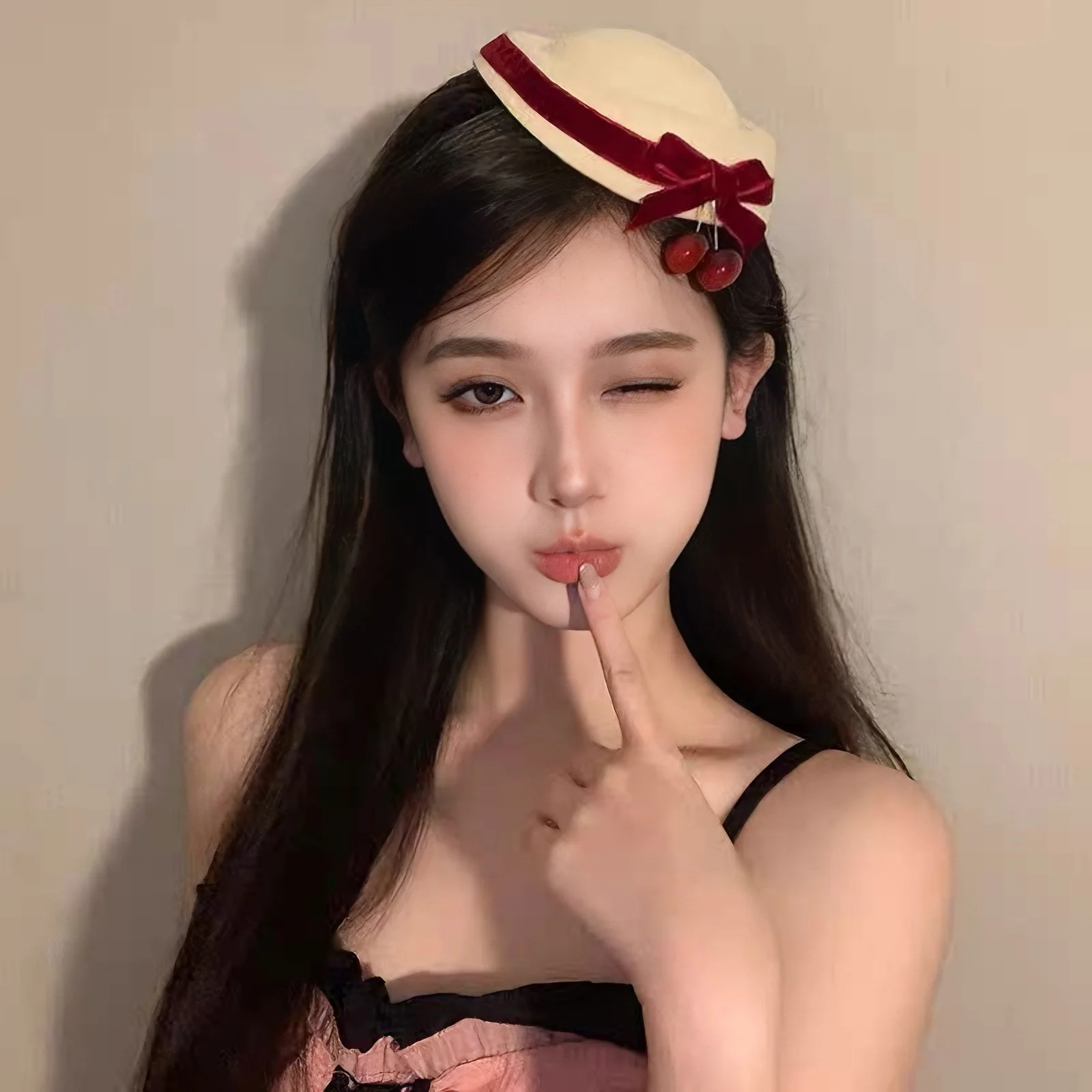 1PC Cream Velvet Cherry Beret Hat, Red Bow Decor Fashion Cap, Elegant Daily Headwear, Stylish Outfit Matching Hat