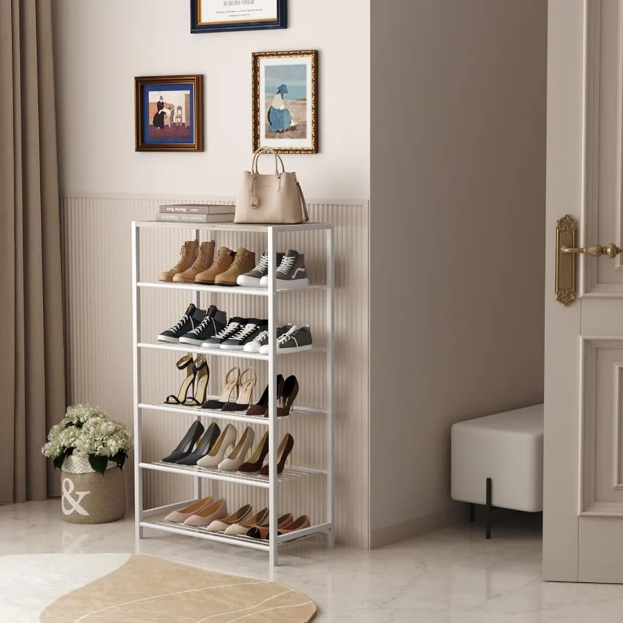 Shoe Rack 6Tier Shoe Storage Shelf Industrial Shoe Tower Narrow Shoe Organizer for Closet Entryway Small Shoe Rack Table with D