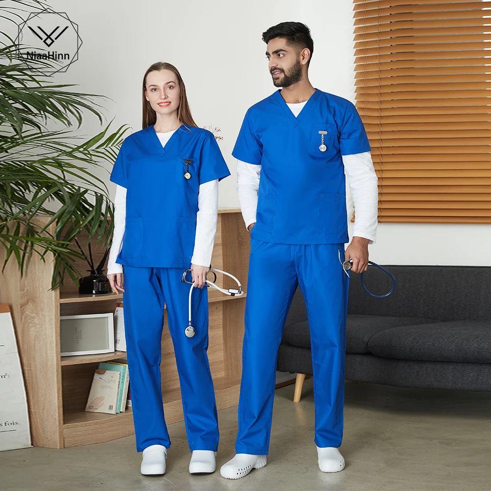 Medical Uniform Hospital Scrubs Set Men Short Sleeve Classic V-neck Top and Pants Nursing Doctor Clothing Surgery Workwear Pet Doctor