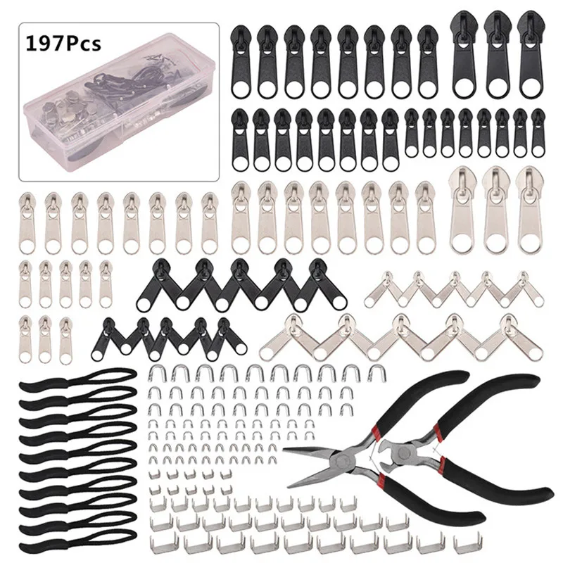 

197/84pcs Zipper Repair Kit Zipper Replacement Puller For Clothing Tent Install Pliers Tool Stop Extension Luggage Clothing