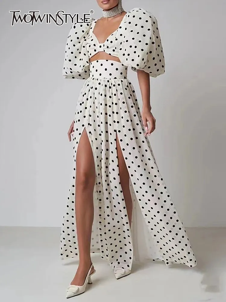 

TWOTWINSTYLE Hit Color Two Piece Sets For Women Square Collar Puff Sleeve Tops High Waist Split Skirt Summer Set Female Fashion
