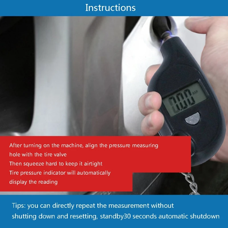 

090E Black Mini Keychain+ Tire Air Pressure Tester Kpa, Bar, Kg/cm² Tyre Gauge
