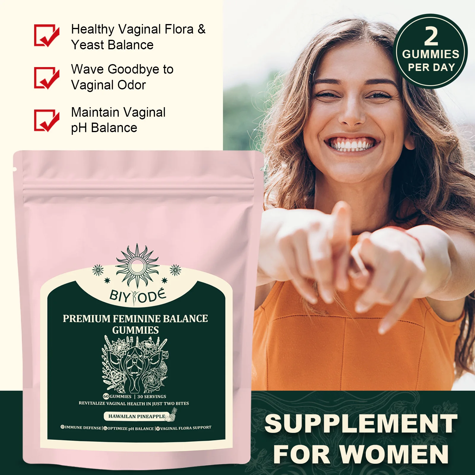 BIYODE Feminine Balance Gummies Ph Maintain Vaginal Ph Balance Healthy Vaginal Flora &Yeast 60pcs women probiotic supplement