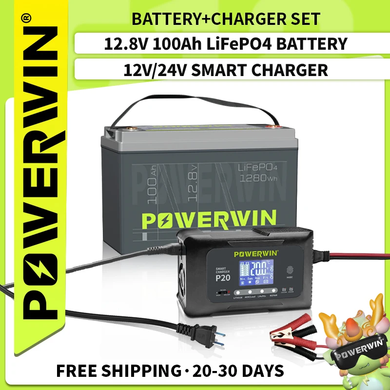 LifePO4 Smart Charger 12V 100Ah/1280Wh P20 20A 12V20A 24V10A Automatic LCD AGM Lead-Acid Lithium Pulse Repair for POWERWIN BT100 lithium battery